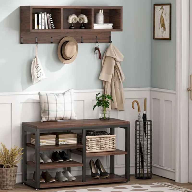 Hall Tree with 7 Hooks, Entryway bench with coat rack