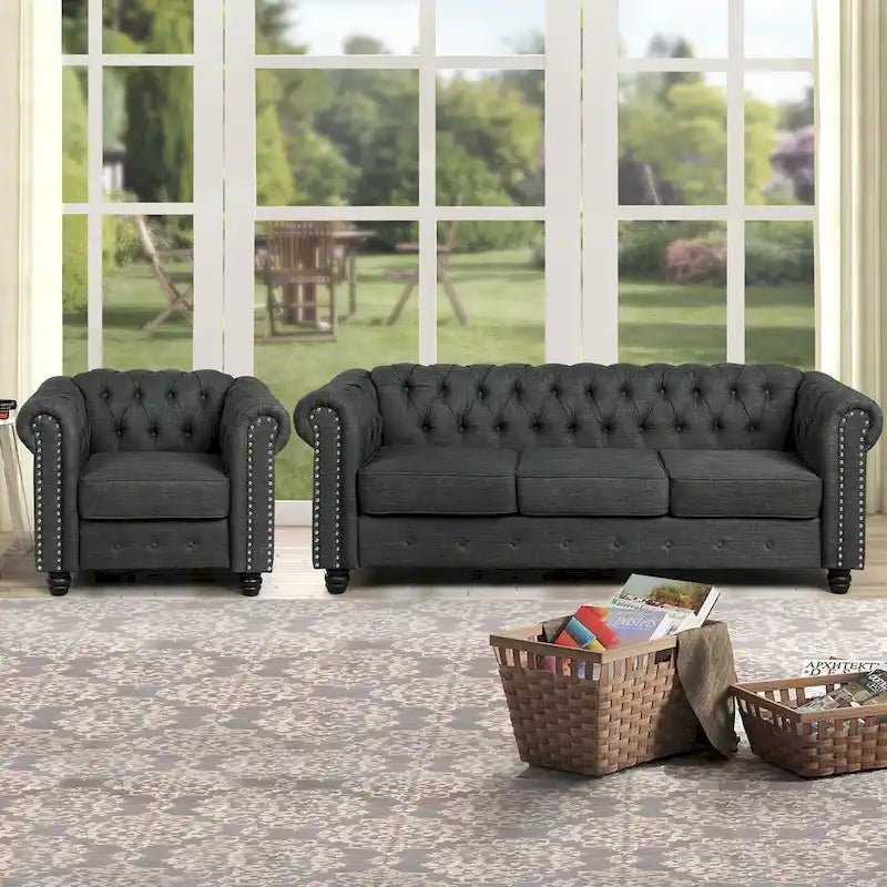 Morden Fort Button Tufted Upholstered Chesterfield Sofa Set Chair and Sofa,2 PCS for Living Room,Linen,Solid Wood Legs