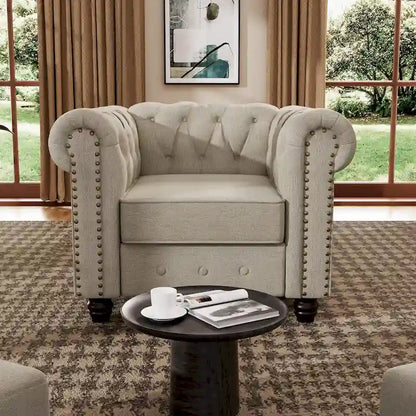 Morden Fort Button Tufted Upholstered Chesterfield Sofa Set Chair and Sofa,2 PCS for Living Room,Linen,Solid Wood Legs