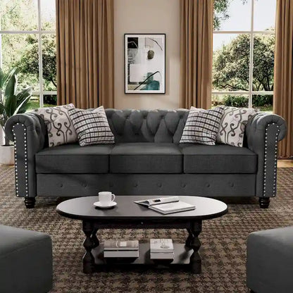 Morden Fort Button Tufted Upholstered Chesterfield Sofa Set Chair and Sofa,2 PCS for Living Room,Linen,Solid Wood Legs