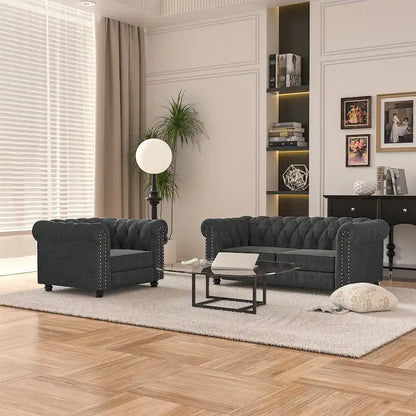 Morden Fort Button Tufted Upholstered Chesterfield Sofa Set Chair and Sofa,2 PCS for Living Room,Linen,Solid Wood Legs