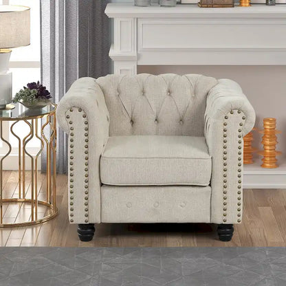 Morden Fort Button Tufted Upholstered Chesterfield Sofa Set Chair and Sofa,2 PCS for Living Room,Linen,Solid Wood Legs