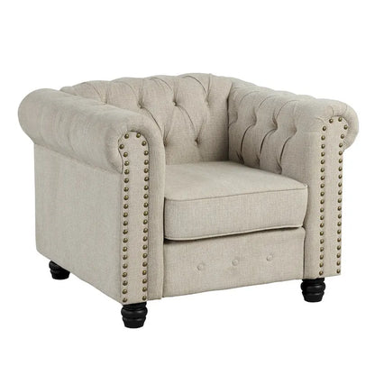 Morden Fort Button Tufted Upholstered Chesterfield Sofa Set Chair and Sofa,2 PCS for Living Room,Linen,Solid Wood Legs