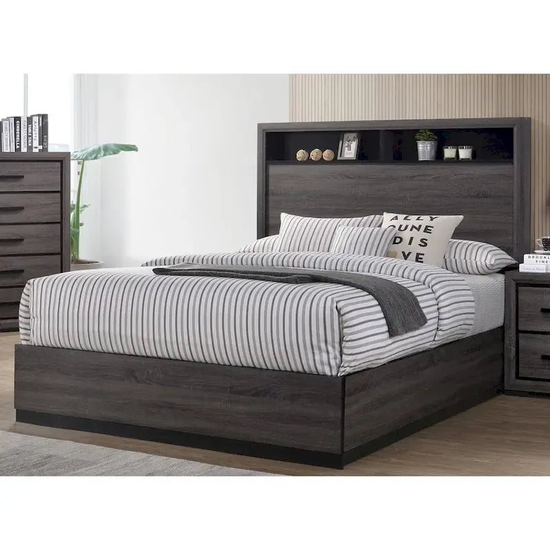 Furniture of America Rothwell Grey Wood Bed with Bookcase Headboard