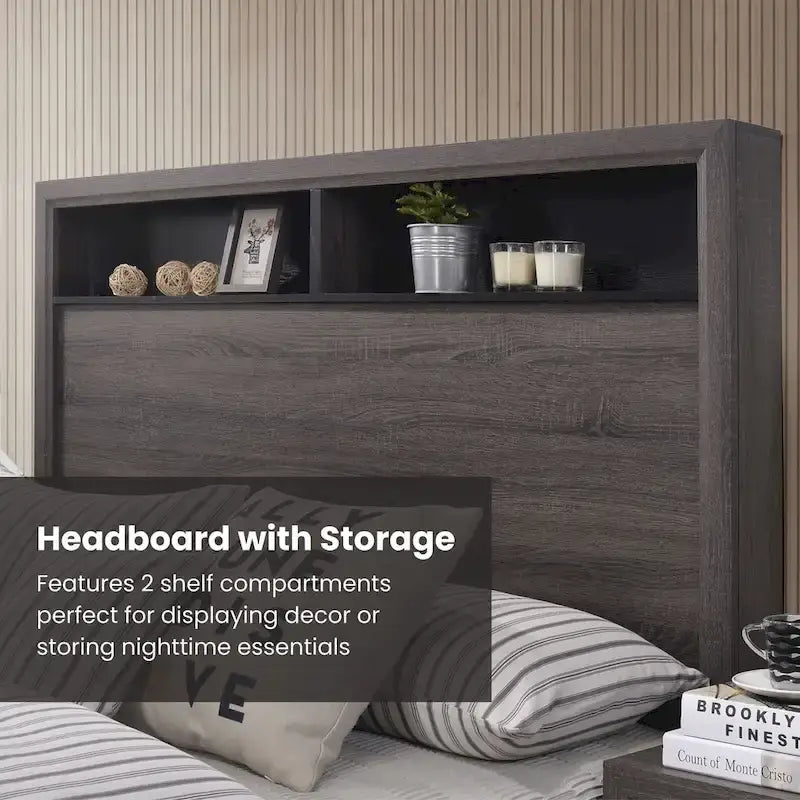 Furniture of America Rothwell Grey Wood Bed with Bookcase Headboard