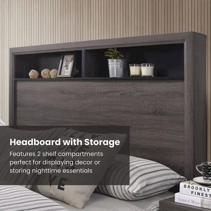 Furniture of America Rothwell Grey Wood Bed with Bookcase Headboard