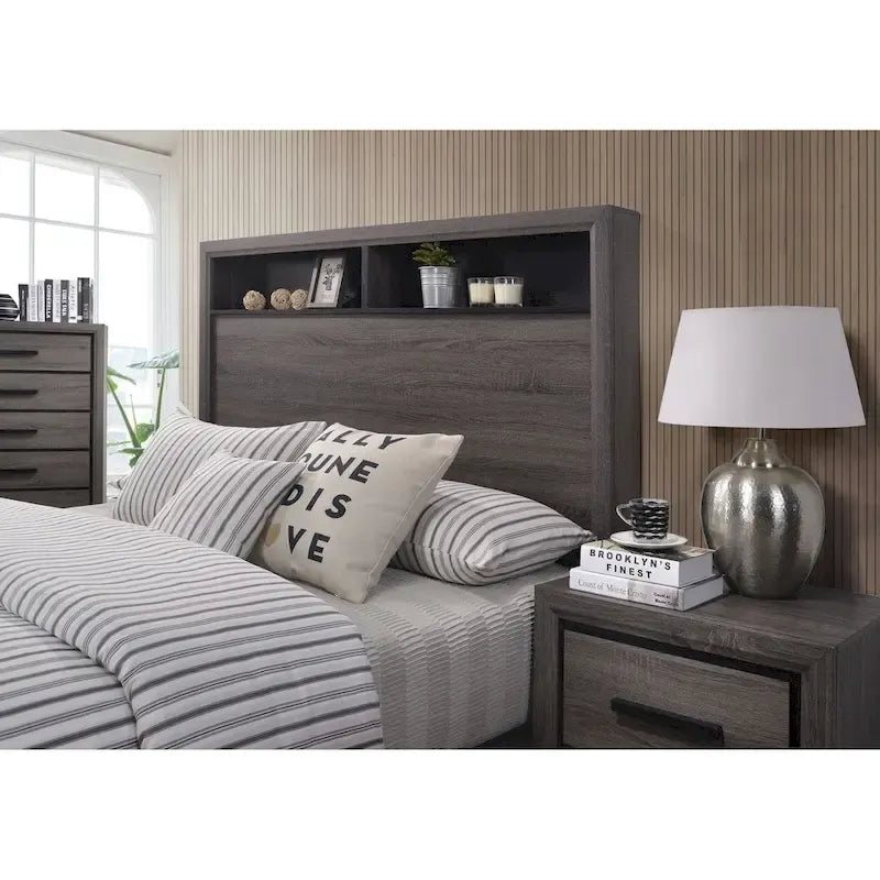 Furniture of America Rothwell Grey Wood Bed with Bookcase Headboard