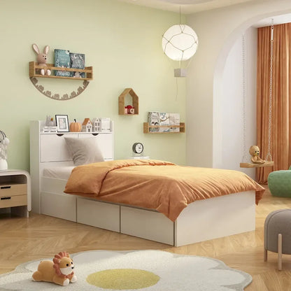 Twin Bed Frame Wood Platform Bed with Storage Drawers and Headboard