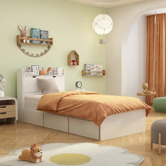 Twin Bed Frame Wood Platform Bed with Storage Drawers and Headboard