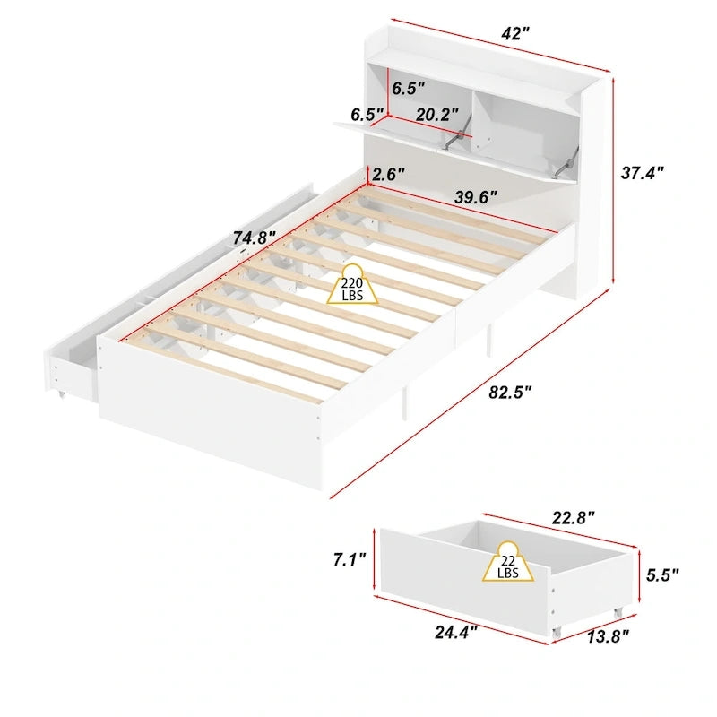 Twin Bed Frame Wood Platform Bed with Storage Drawers and Headboard
