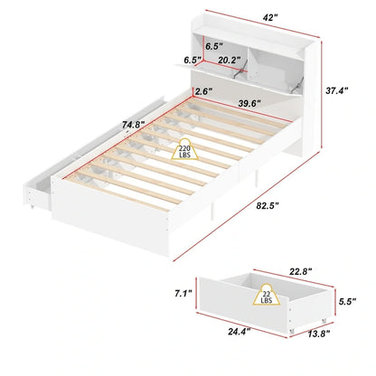 Twin Bed Frame Wood Platform Bed with Storage Drawers and Headboard