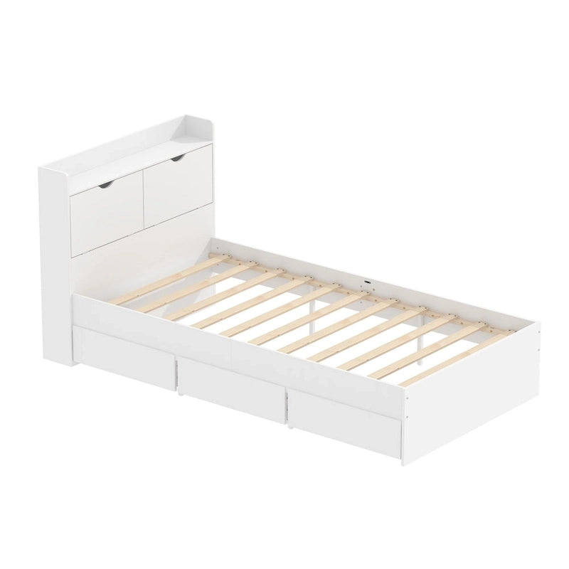 Twin Bed Frame Wood Platform Bed with Storage Drawers and Headboard