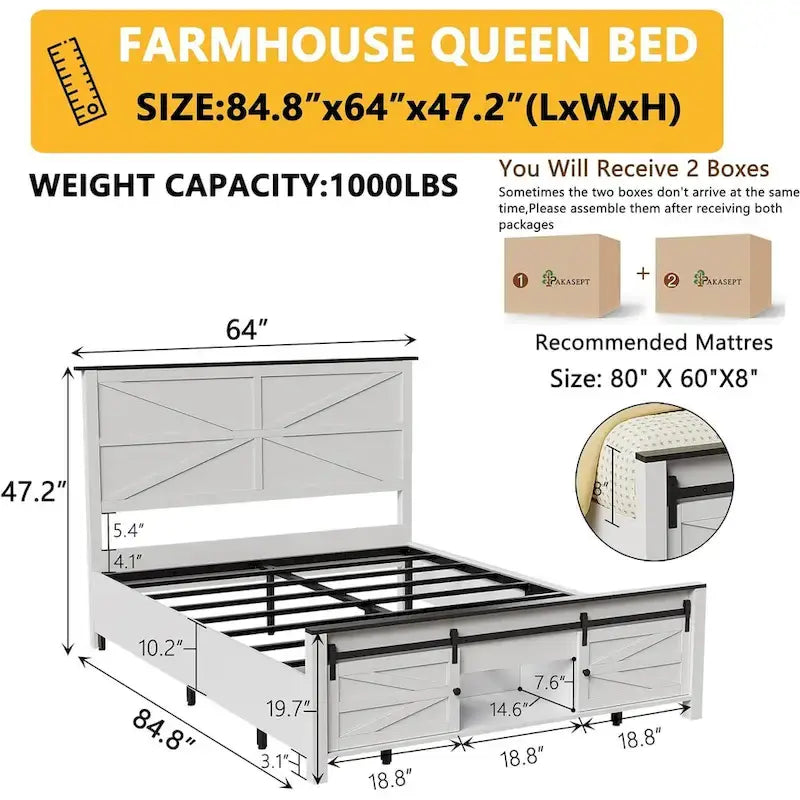 Queen Bed Frame, Farmhouse Wood Bed Frame Queen Size with Sliding Barn Door and Storage