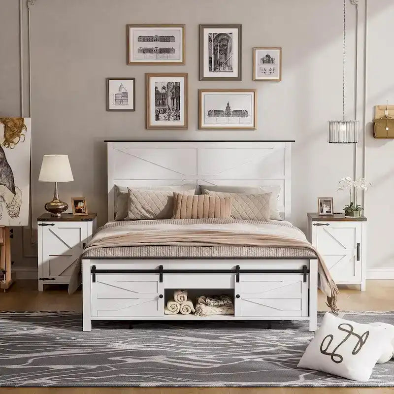 Queen Bed Frame, Farmhouse Wood Bed Frame Queen Size with Sliding Barn Door and Storage