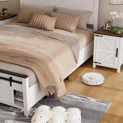 Queen Bed Frame, Farmhouse Wood Bed Frame Queen Size with Sliding Barn Door and Storage