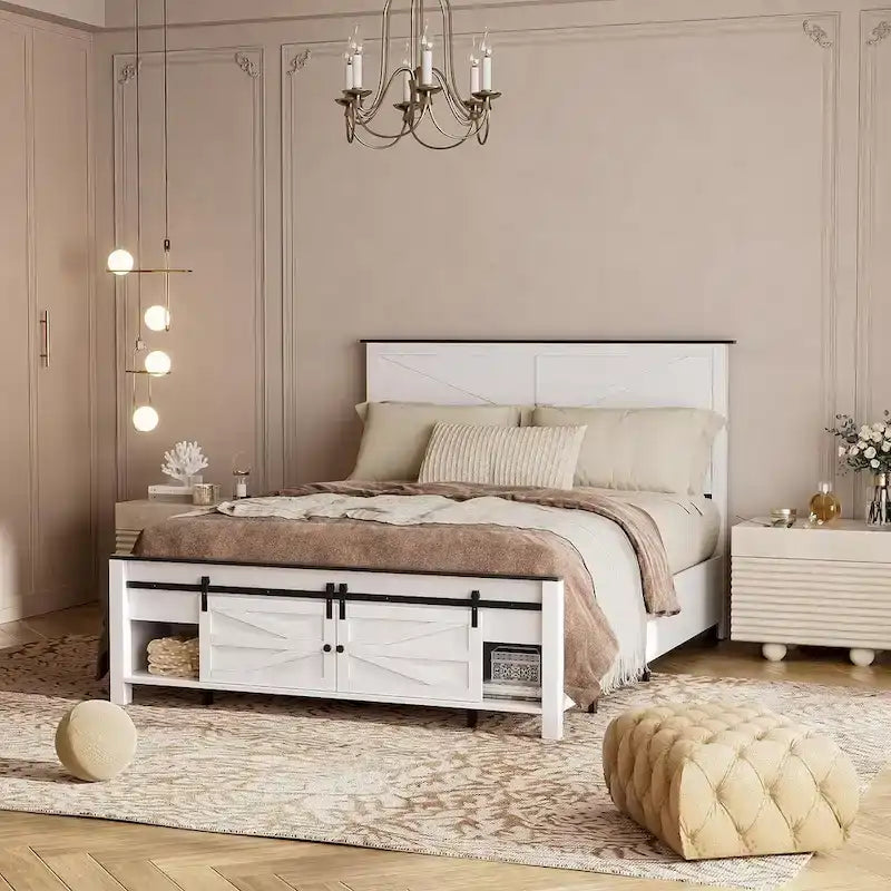Queen Bed Frame, Farmhouse Wood Bed Frame Queen Size with Sliding Barn Door and Storage