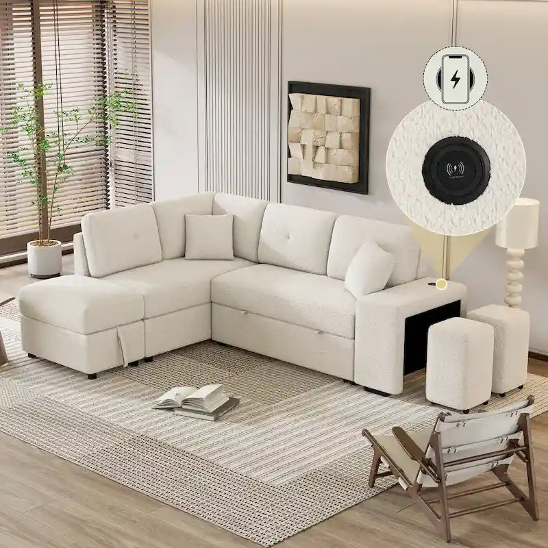 87.7 Convertible Sleeper, Sectional Pull Out Sofa Bed with Storage Ottoman, 2 Throw Pillows, 2 Stools, Wireless Charger and Two
