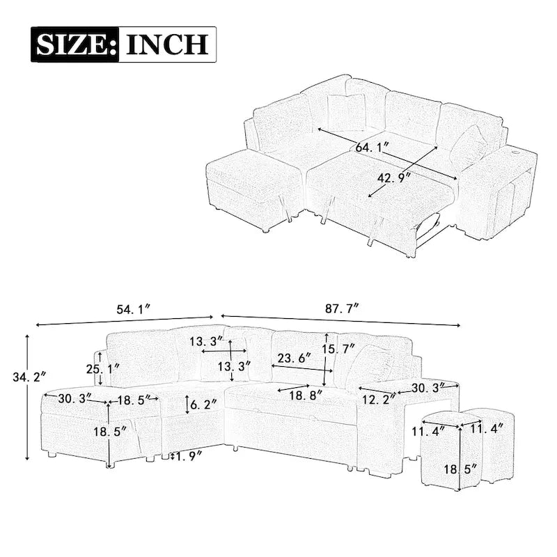 87.7 Convertible Sleeper, Sectional Pull Out Sofa Bed with Storage Ottoman, 2 Throw Pillows, 2 Stools, Wireless Charger and Two