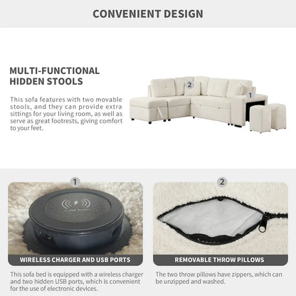87.7 Convertible Sleeper, Sectional Pull Out Sofa Bed with Storage Ottoman, 2 Throw Pillows, 2 Stools, Wireless Charger and Two