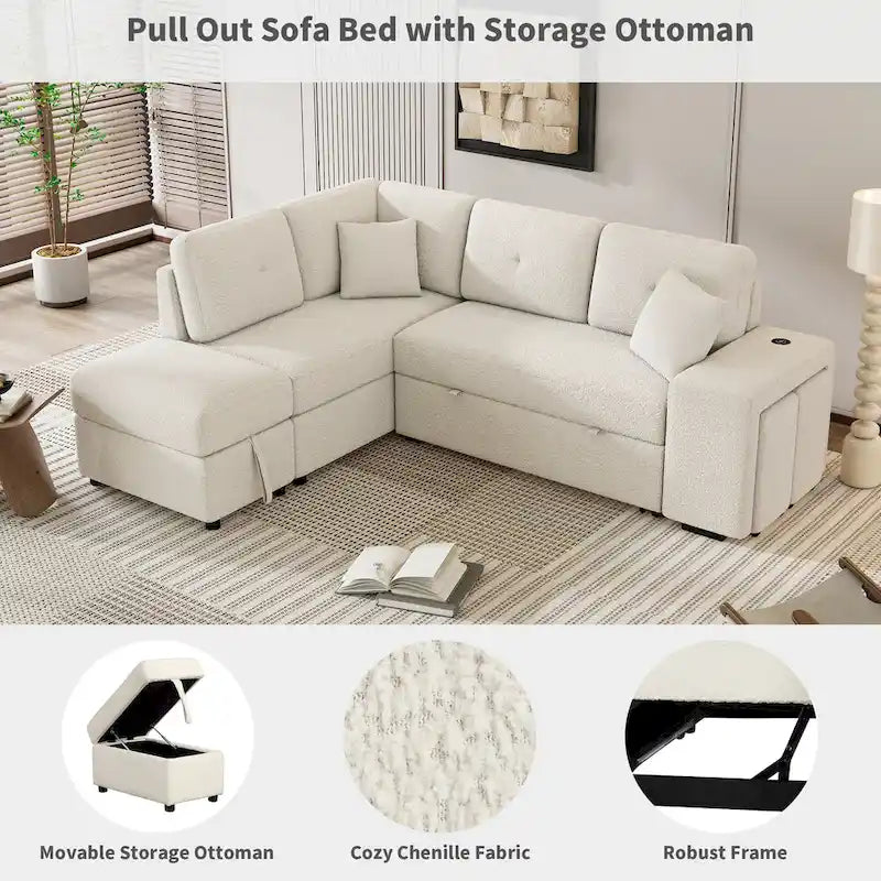 87.7 Convertible Sleeper, Sectional Pull Out Sofa Bed with Storage Ottoman, 2 Throw Pillows, 2 Stools, Wireless Charger and Two