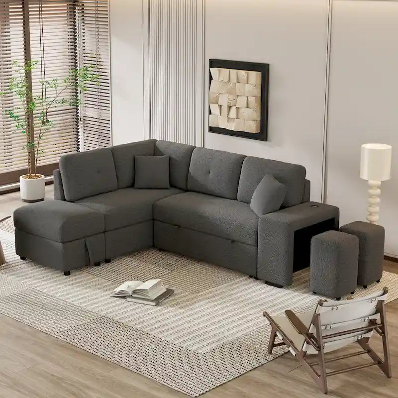 87.7 Convertible Sleeper, Sectional Pull Out Sofa Bed with Storage Ottoman, 2 Throw Pillows, 2 Stools, Wireless Charger and Two