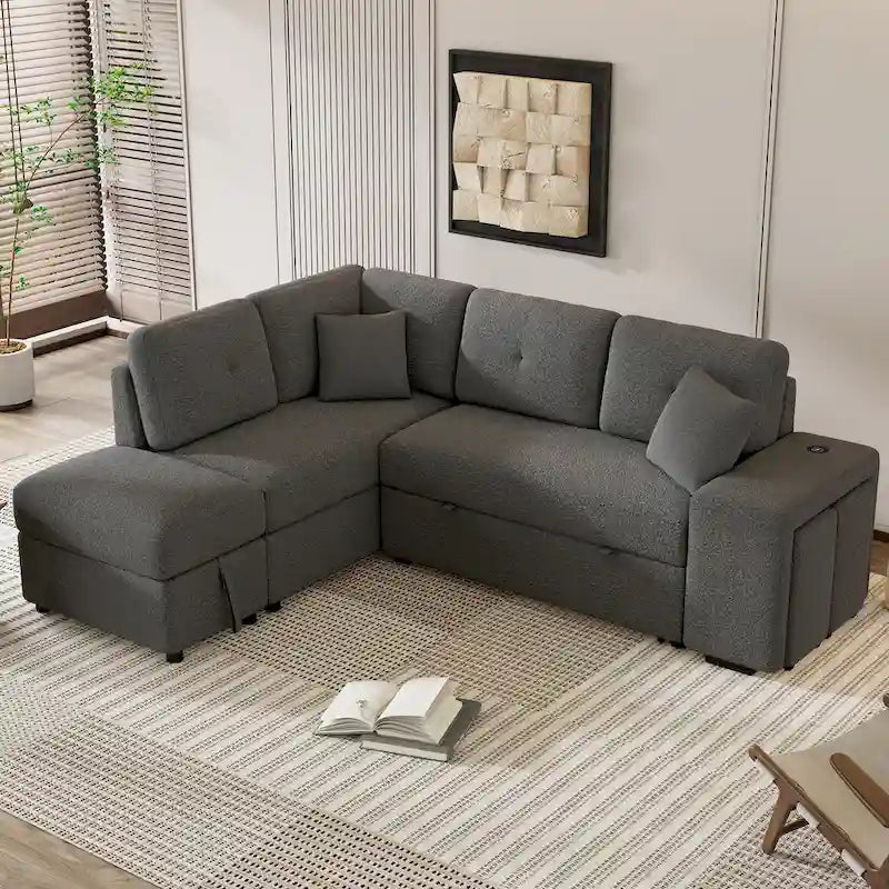 87.7 Convertible Sleeper, Sectional Pull Out Sofa Bed with Storage Ottoman, 2 Throw Pillows, 2 Stools, Wireless Charger and Two