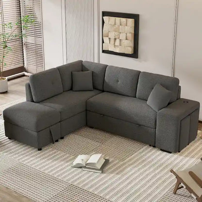 87.7 Convertible Sleeper, Sectional Pull Out Sofa Bed with Storage Ottoman, 2 Throw Pillows, 2 Stools, Wireless Charger and Two