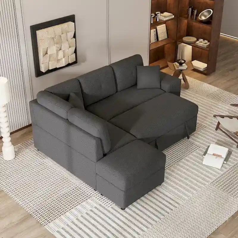 87.7 Convertible Sleeper, Sectional Pull Out Sofa Bed with Storage Ottoman, 2 Throw Pillows, 2 Stools, Wireless Charger and Two