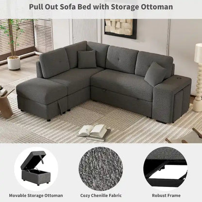 87.7 Convertible Sleeper, Sectional Pull Out Sofa Bed with Storage Ottoman, 2 Throw Pillows, 2 Stools, Wireless Charger and Two