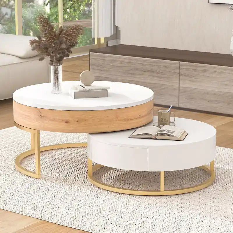 Modern Round Lift-top Nesting Coffee Tables with 2 Drawers White & Black