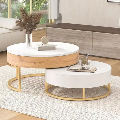 Modern Round Lift-top Nesting Coffee Tables with 2 Drawers White & Black