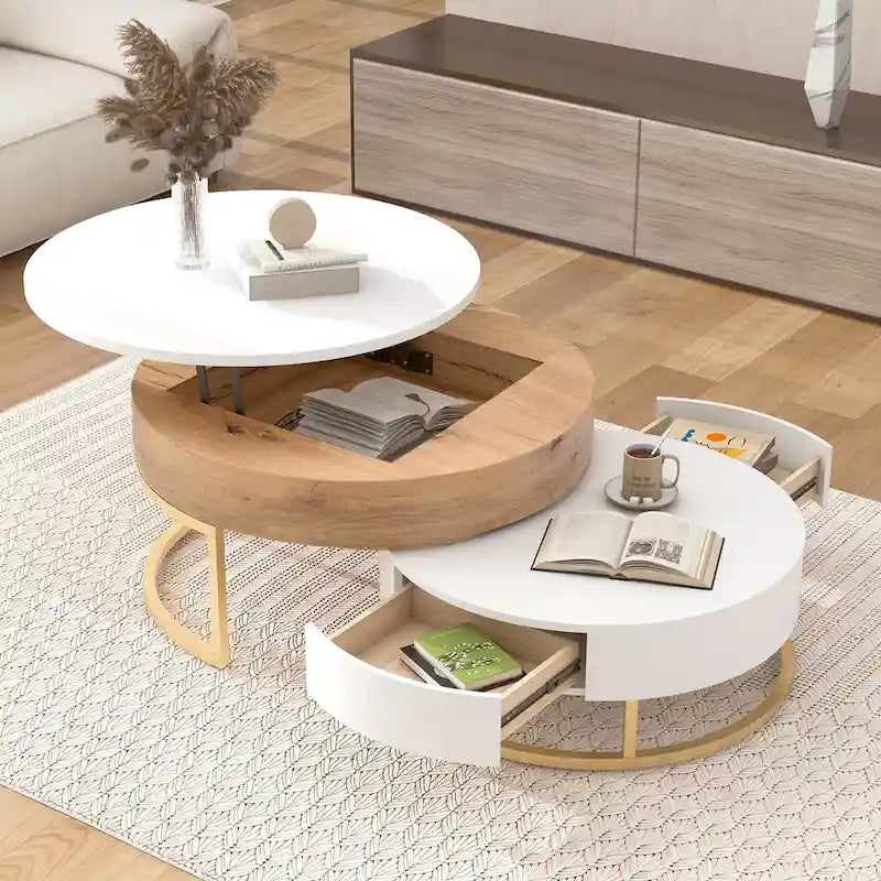 Modern Round Lift-top Nesting Coffee Tables with 2 Drawers White & Black