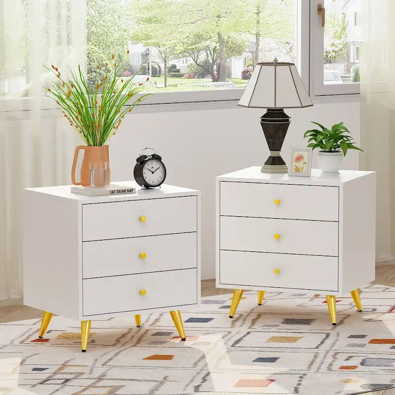 White Nightstands Bedside Table End Table Gold Metal Legs1 Pcs