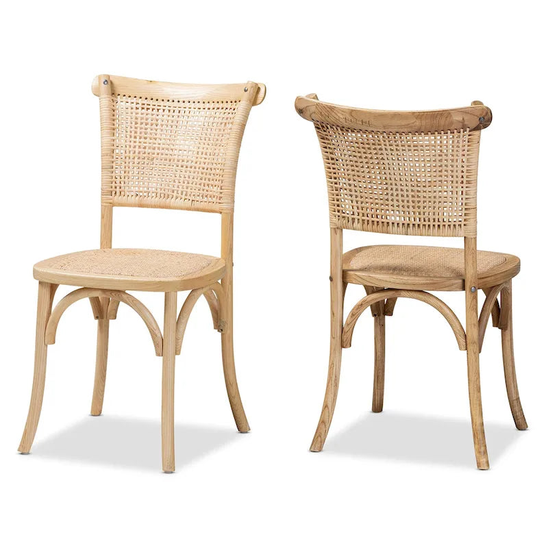 Fields Mid-Century Woven Rattan and Natural Wood Dining Chair Set (2PC)
