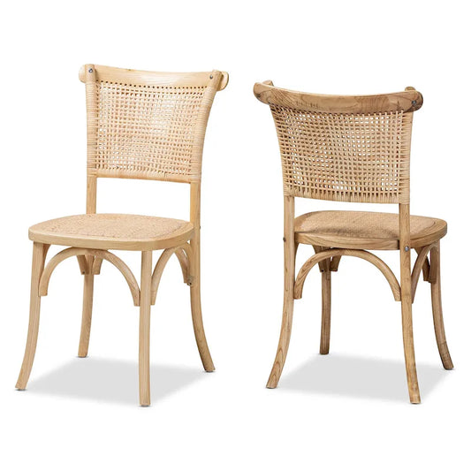 Fields Mid-Century Woven Rattan and Natural Wood Dining Chair Set (2PC)