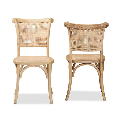 Fields Mid-Century Woven Rattan and Natural Wood Dining Chair Set (2PC)