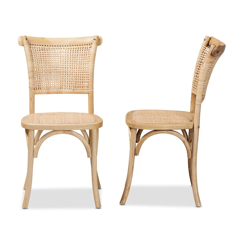 Fields Mid-Century Woven Rattan and Natural Wood Dining Chair Set (2PC)