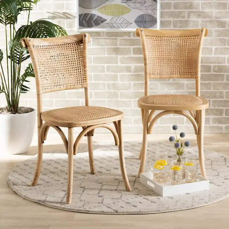 Fields Mid-Century Woven Rattan and Natural Wood Dining Chair Set (2PC)