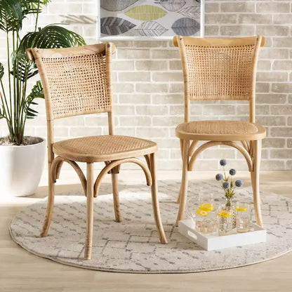Fields Mid-Century Woven Rattan and Natural Wood Dining Chair Set (2PC)