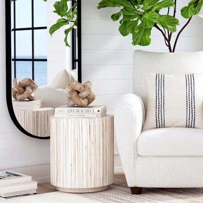 Distressed White Teak Wood Plank Drum Table by East at Main