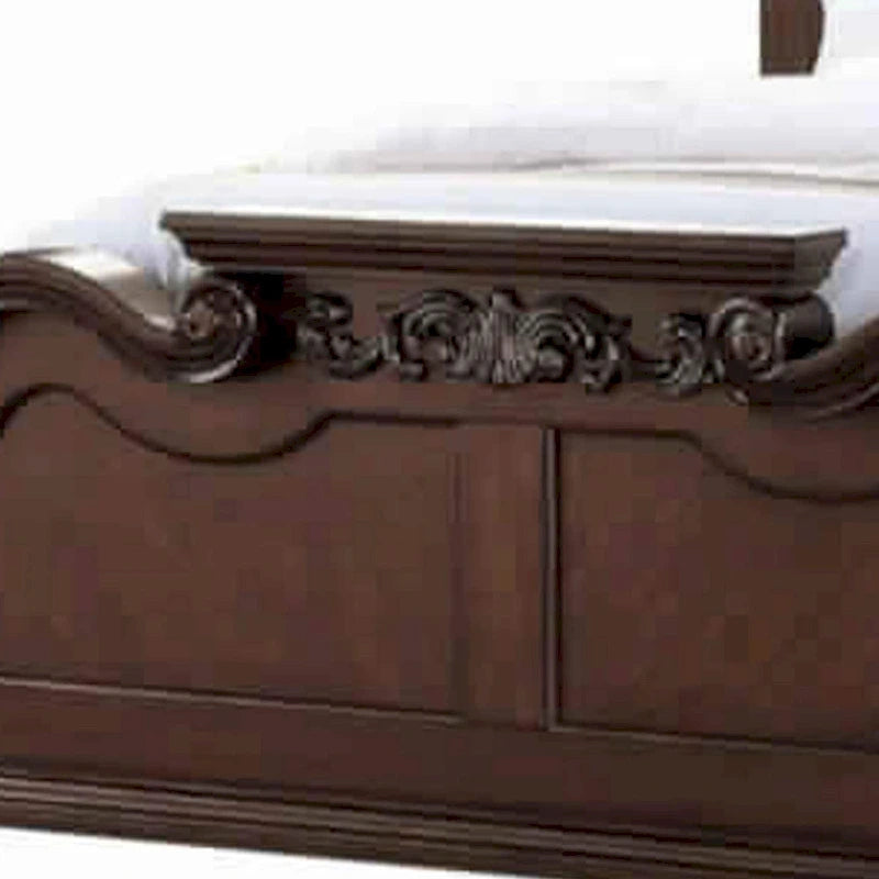 Dark Walnut Carved & Upholstered Wooden Queen Bed