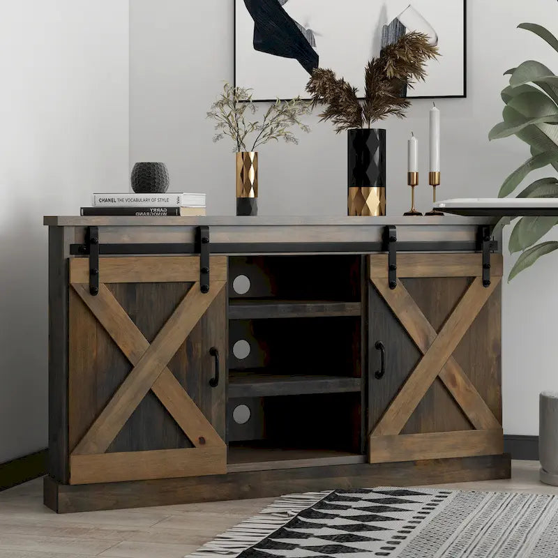 Bridgevine Home Farmhouse 56 inch Corner TV Stand for TVs up to 60 inches, No Assembly Required, Barnwood Finish