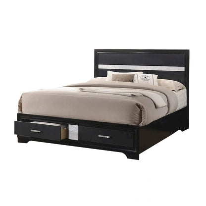Wooden California King Size Bed with 2 Storage Drawers, Black and Silver