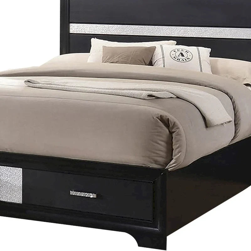 Wooden California King Size Bed with 2 Storage Drawers, Black and Silver
