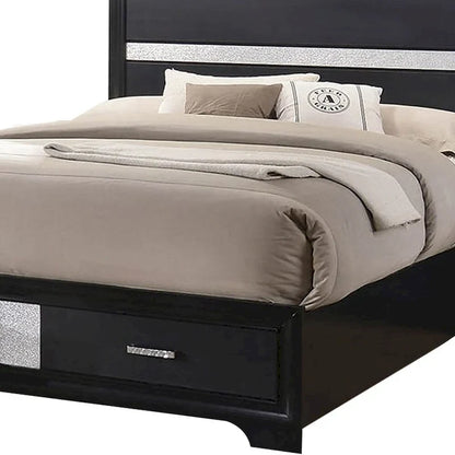 Wooden California King Size Bed with 2 Storage Drawers, Black and Silver