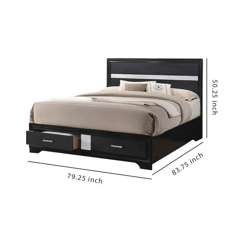 Wooden California King Size Bed with 2 Storage Drawers, Black and Silver