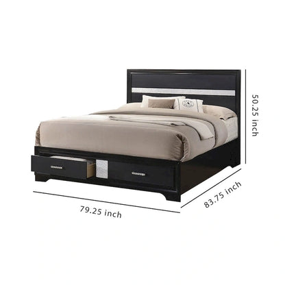 Wooden California King Size Bed with 2 Storage Drawers, Black and Silver