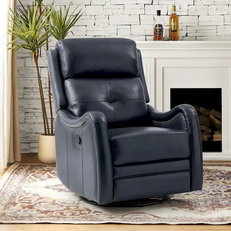FrancoModern Genuine Leather Swivel Rocker Recliner with Nailhead Trims by HULALA HOME