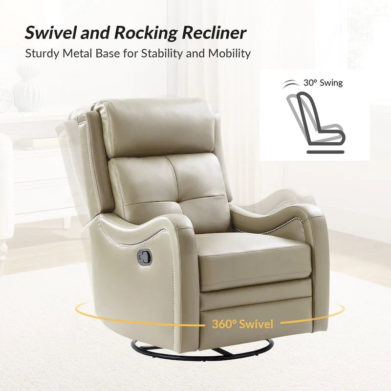 FrancoModern Genuine Leather Swivel Rocker Recliner with Nailhead Trims by HULALA HOME