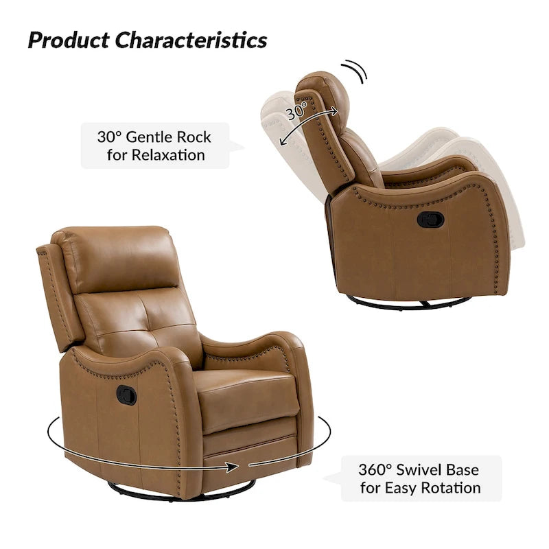 FrancoModern Genuine Leather Swivel Rocker Recliner with Nailhead Trims by HULALA HOME